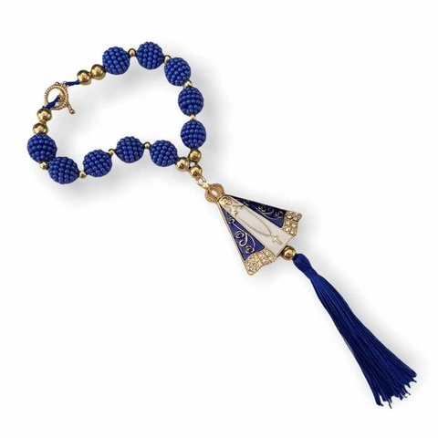 Adorno de Carro Dezena para Retrovisor Pérola NS Aparecida Azul/ Dourado