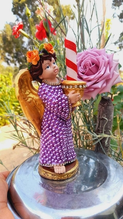 Anjo com castiçal perolado 18cm - Roxo