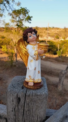 Anjo com castiçal pintado 18cm - Branco - comprar online