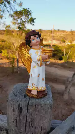 Anjo com castiçal pintado 18cm - Branco - comprar online