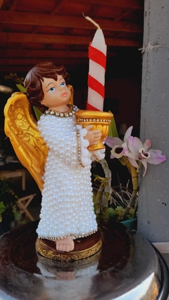 Anjo com castiçal perolado 18cm - Branco - comprar online