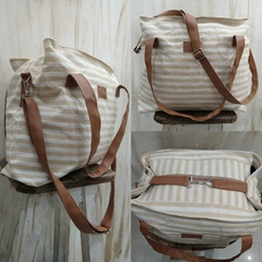 BOLSA PLAYERA DE LONA RAYADA BEIGE/CRUDO