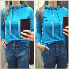 SWEATERS DE BREMER C/CAPUCHA Y TIRAS STRASS TURQUESA