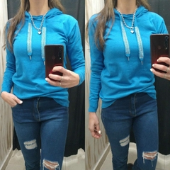 SWEATER C/CAPUCHA Y STRASS TURQUESA