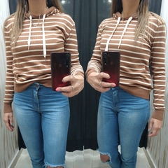 SWEATERS DE BREMER C/CAPUCHA RAYADOS MARRONCITO/BLANCO