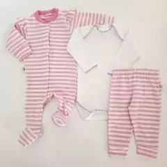 Conjunto algodón rayado rosa. Enterito con pie, body blanco + pantalòn - Talle 1 - comprar online