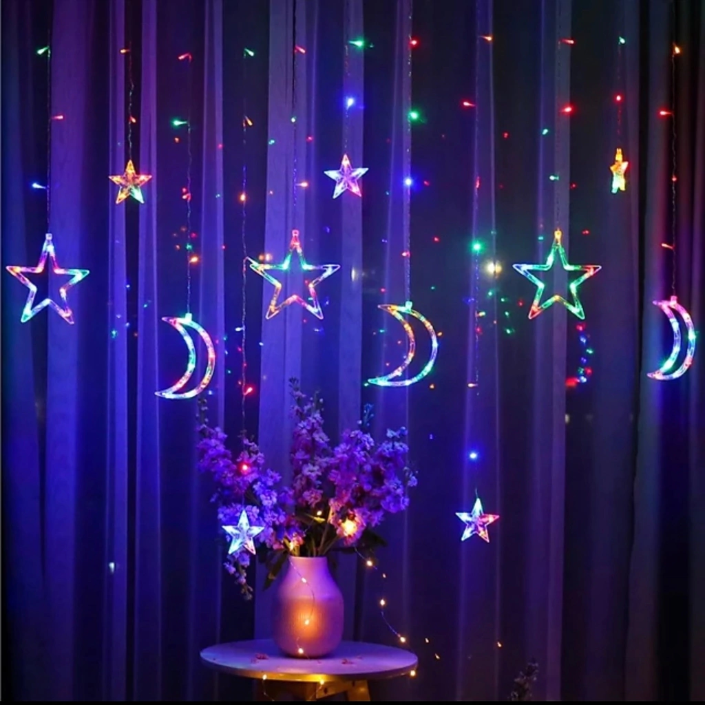 Cortina de estrellas y luna multicolor