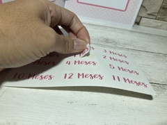 Álbum de Fotos mesversario com Inicial do nome (contém 12 adesivos de jan a dez) sem detalhes dos meses para anotações de desenvolvimento. - Sabiá Personalizados