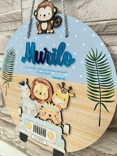Porta Maternidade Safari jeep azul bichos da selva com significado do nome - Sabiá Personalizados