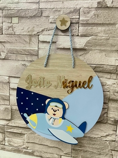 Porta Maternidade Ursinho aviador azul claro com azul escuro - Sabiá Personalizados