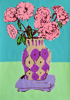 Peonías rosadas, fondo turquesa y verde claro