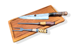 Juego Asador Cuahillo 24cm , Tenedor, Chaira y Tabla