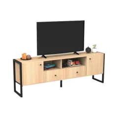 Rack TV industrial 177cm con 2 cajones y 2 puertas estructura de hierro negro mate 1,2 mm color roble natural