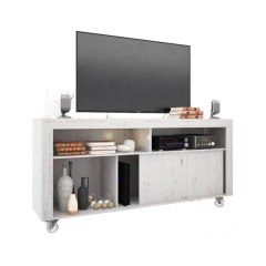 Rack Tv Boston con Ruedas, en color Enigam/Blanco, con 1 puerta corrediza para facilitar la organizacion