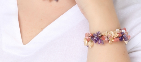 Pulseira em crochê no arame Pedras Naturais - Cherry
