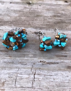 Conjunto Brinco e Anel - Turquesa com olho de tigre