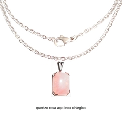 conjunto pingente quartzo rosa corrente aço inox cirúrgico