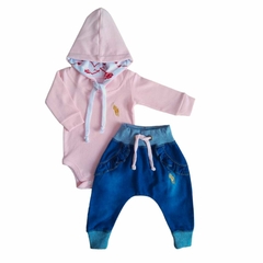 Kit 2 Peças Menina Body com Capuz Estampado e Calça Jeans Saruel com detalhes - 9021 - comprar online