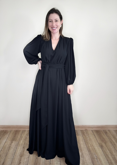 VESTIDO LONGO preto COM MANGA MONIÊ