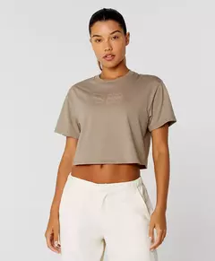 T-Shirt Casual Cropped Bege Castanho Alto Giro
