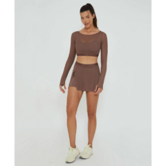 Blusa Manga Longa de Tule c/ Top Embutido Marrom Cacau Alto Giro - Fitlet Moda Fitness e Moda Praia | 6x s/juros frete grátis Sul e Sudeste