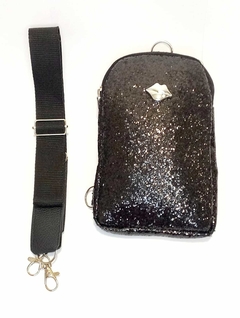 BANDOLERA PORTACELULAR GLITTER NEGRO.