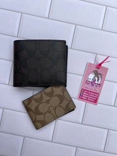 3 In 1 Wallet In Blocked Signature Canvas Coach Cartera Caballero - Magic_Fashiooon