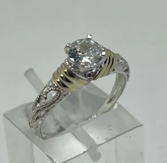 Anillo Plata 925 y Oro con cubic Solitario compromiso N.EB - comprar online