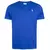 Camiseta azul com bordado branco do logotipo New Era no peito.