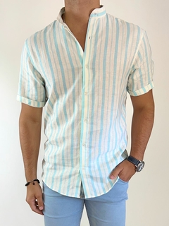 Camisa Lino mangas cortas Rayas Celeste SFRA