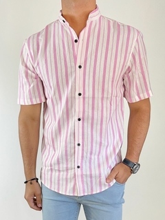 Camisa Lino mangas cortas Rayas Rosa SFRA