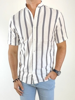 Camisa Lino mangas cortas Rayas Blanco con Negro - SFRA
