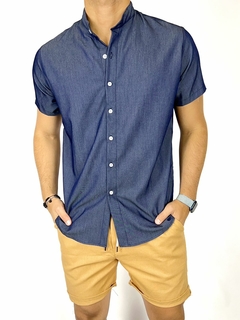 Camisa cuello mao mangas cortas simil jeans azul - DT