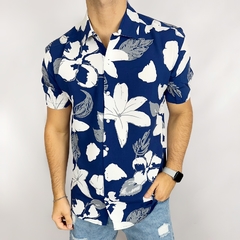 Camisa Italiana fibrana mangas cortas azul con hojas grises
