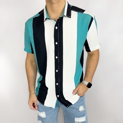 Camisa de fibrana Rayas MC Blanca negra turquesa