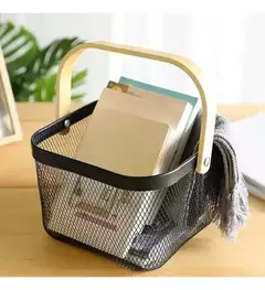 CANASTA CUADRADA METAL CON MANIJA MADERA METAL 24X18CM - comprar online