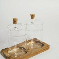 SET DE ACEITEROS BARRIL VIDRIO Y CORCHO BASE MADERA