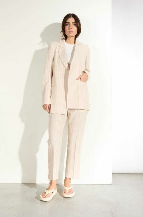 Saco Beige Rayado Con Bolsillo Ojal - Ver -