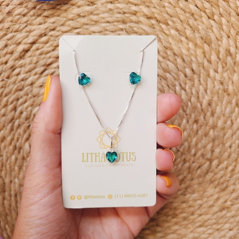 Conjunto Coração brinco e colar - verde aqua