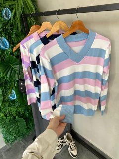 BLUSA MANGA LONGA TRICO GOLA V LISTRADA-