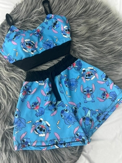 Conjunto de 2 peças cropped com bojo e shorts lilo & stick azul estilo moda gringa - Nanda Looks