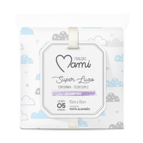 FRALDA SUPER LUXO MAMI COM BAINHA ESTAMPADA 70CM X 70CM CONTEM 05 UN MASCULINO. :7896700816965