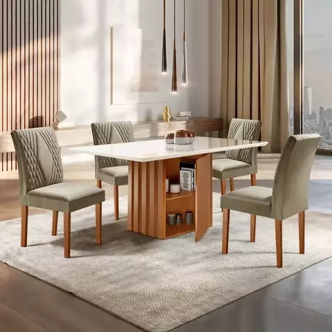 Conjunto Sala de Jantar Mesa Tampo Slim Plus Vidro 120x90cm com 4 Cadeiras Elis Yescasa Cinamomo/Off White/Veludo Areia