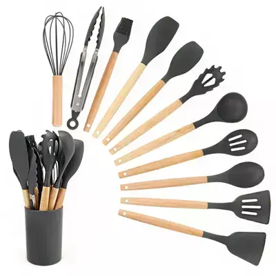 Jogo Kit Com 12 Peças Utensílios De Cozinha Colheres Espatulas Pegador Silicone Copo Suporte - comprar online