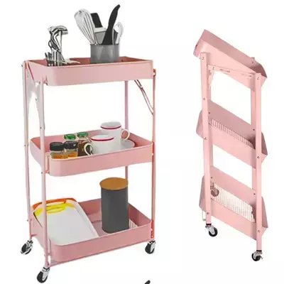 Carrinho Organizador Rosa Com 3 Prateleiras Dobravel Auxiliar Manicure Cabelereiro Quarto Cozinha