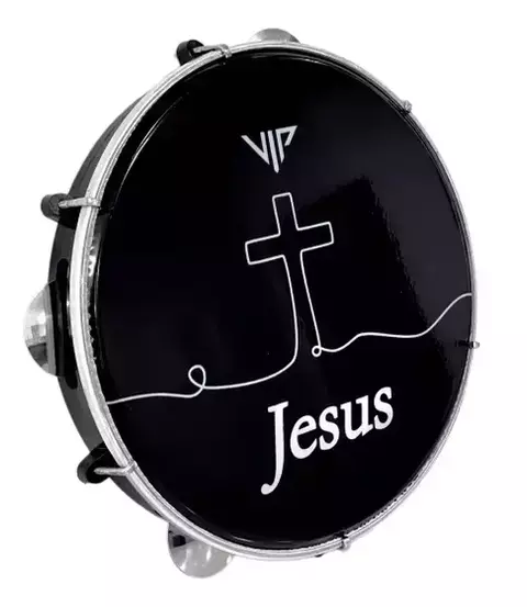 Pandeiro Profissional 10 Pol Pele Leitosa Preto Vip Jesus