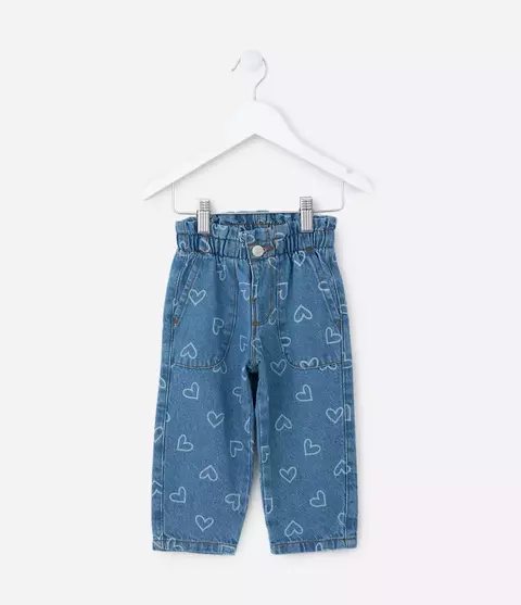 Calça Clochard em Jeans com Estampa Corações - Tam 1 a 6 Anos Azul TAM 1 ao 5
