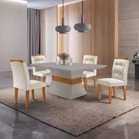 Conjunto Sala de Jantar Mesa 4 Cadeiras Luísa Espresso Móveis Veludo Creme/Off White/Imbuia