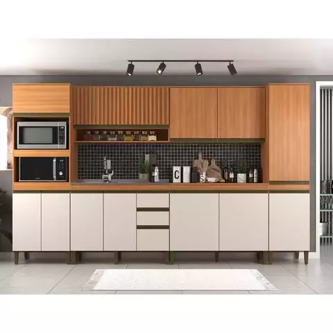 Cozinha Completa 6 Peças 12 Portas com Torre Quente Paneleiro e Aéreo Ripado Cecília Freijó/Off White