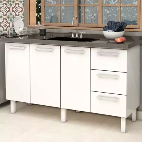 Balcão para Pia de Cozinha 150cm 3 Portas 3 Gavetas Vênus Branco